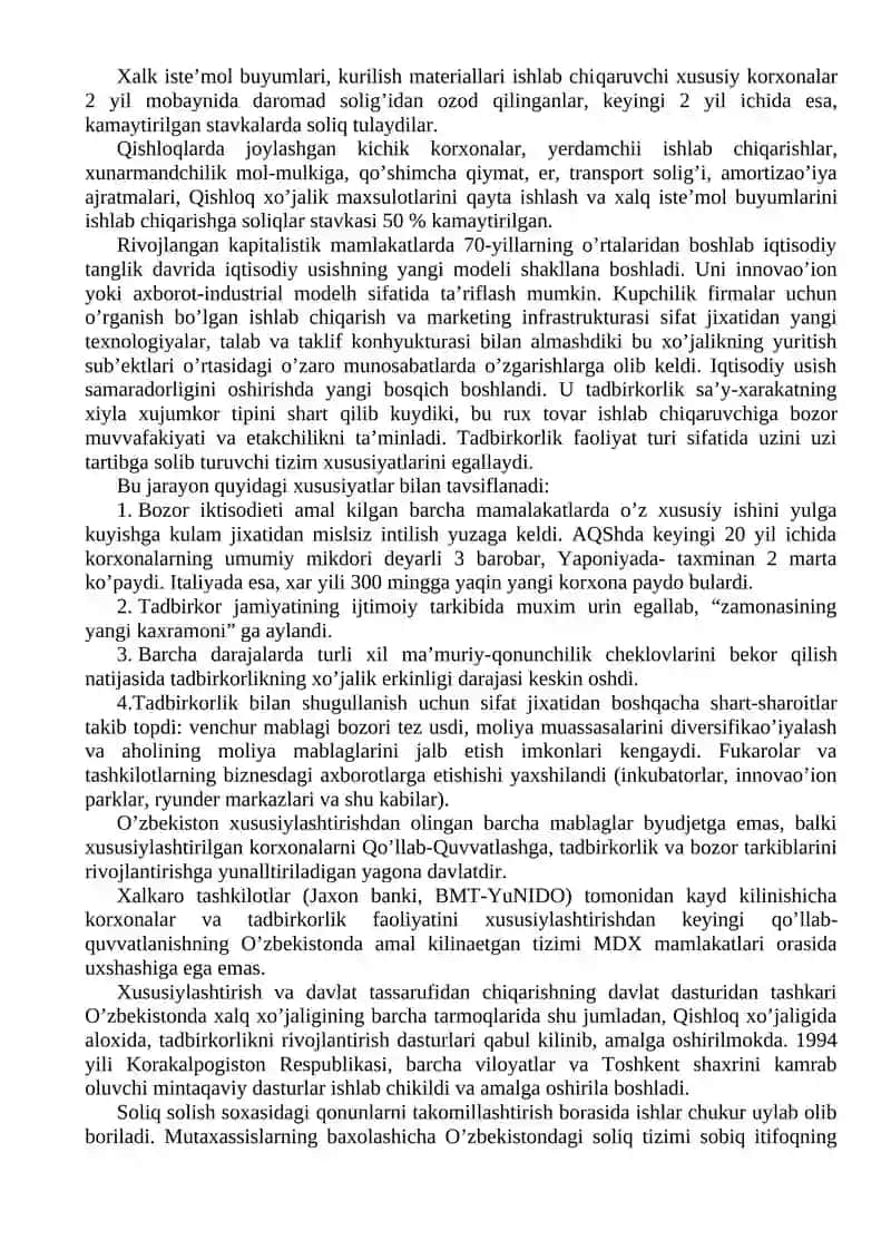 Tadbirkorlikning davlat tomonidan qo’llab-quvvatlanishi va boshqarilishi 2