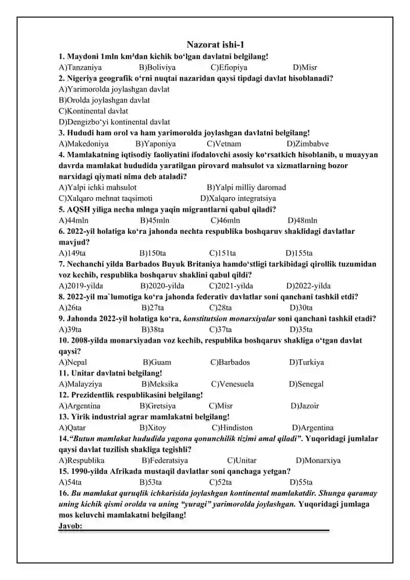 Geografiya fanidan 10-sinf nazorat ishi to`plami. 2-variant. 2