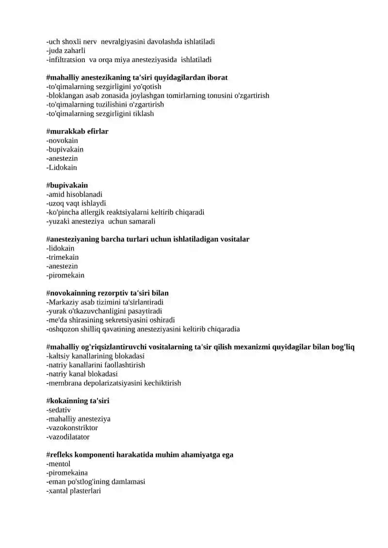 Mahalliy anestetiklar. Analgetiklar. test 2