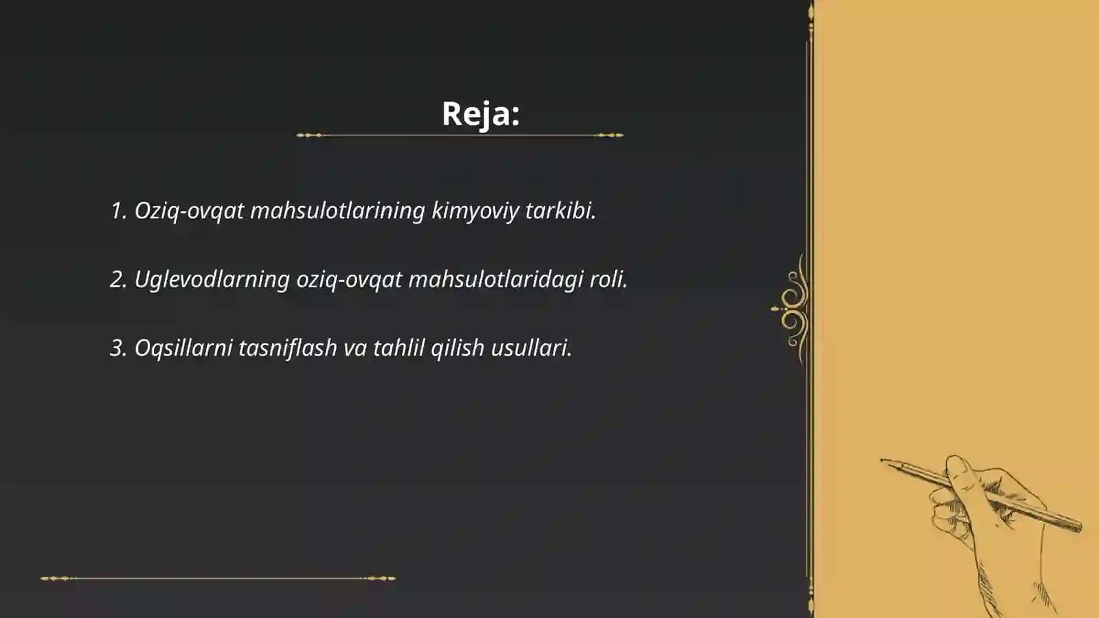 Oziq ovqat mahsulotlarini kimyoviy asoslar yordamida tasniflash 2