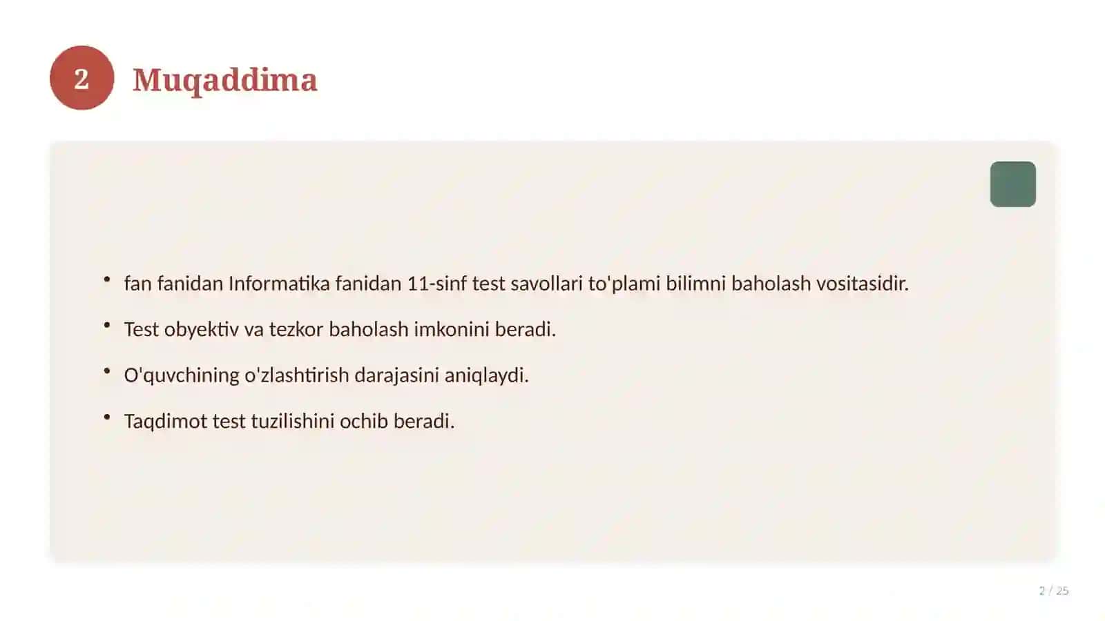 Informatika fanidan 11-sinf test savollari to'plami 2