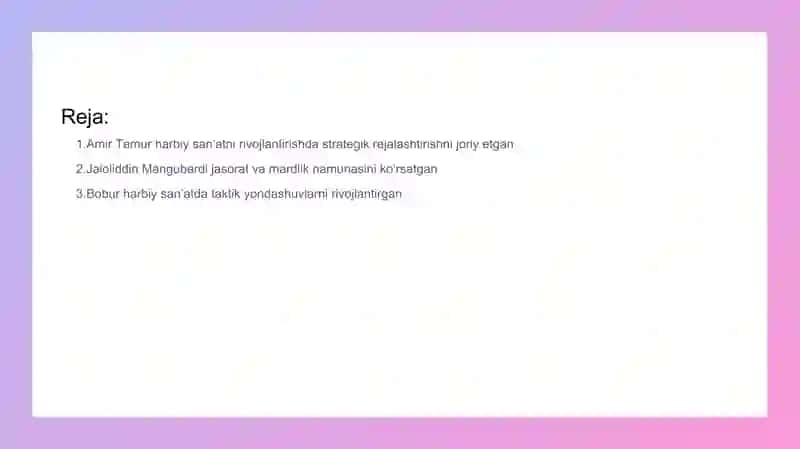 Bobur harbiy strategiyani adabiyot orqali targ‘ib qilishi. 2