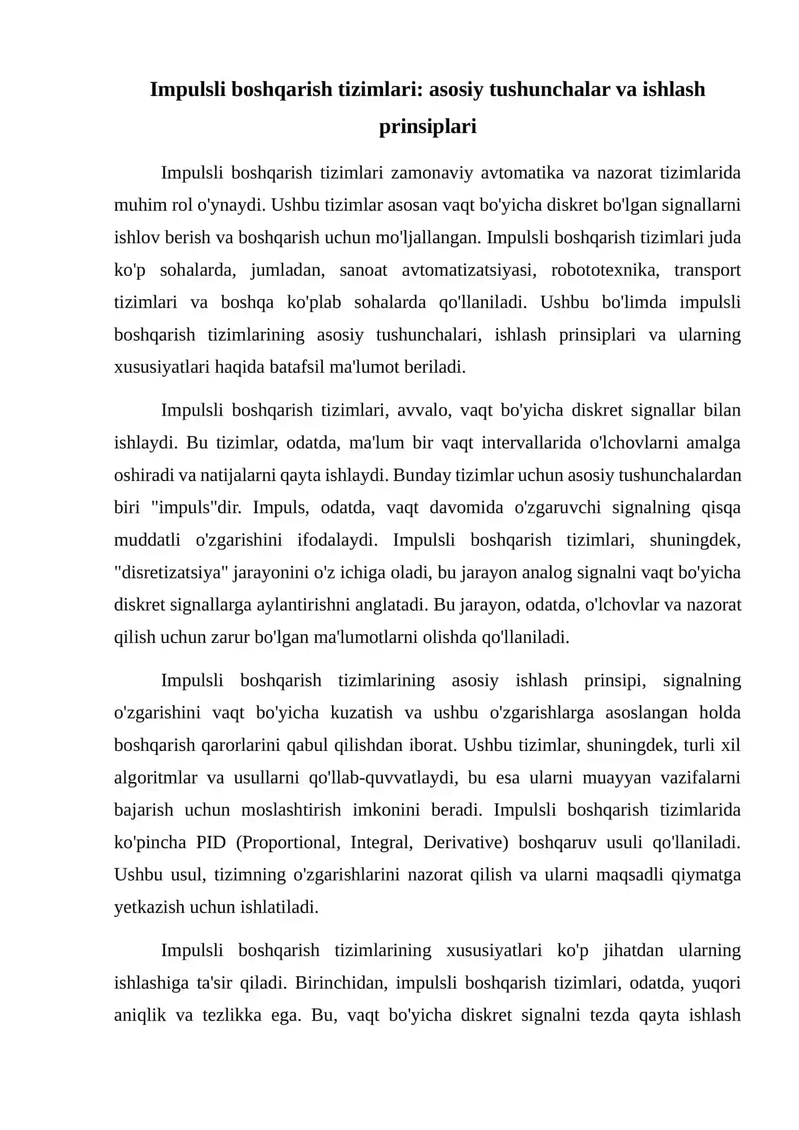 Impulsli va releli boshqarish tizimlari. Ularning xususiyatlari 2