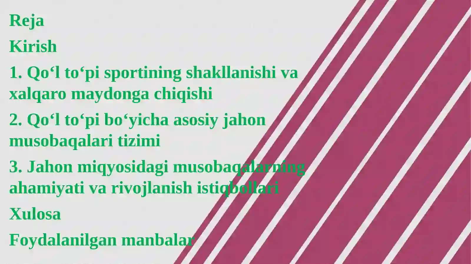 Qo‘l to‘pi bo‘yicha jahon miqyosidagi musobaqalar o‘tkazilishi 2