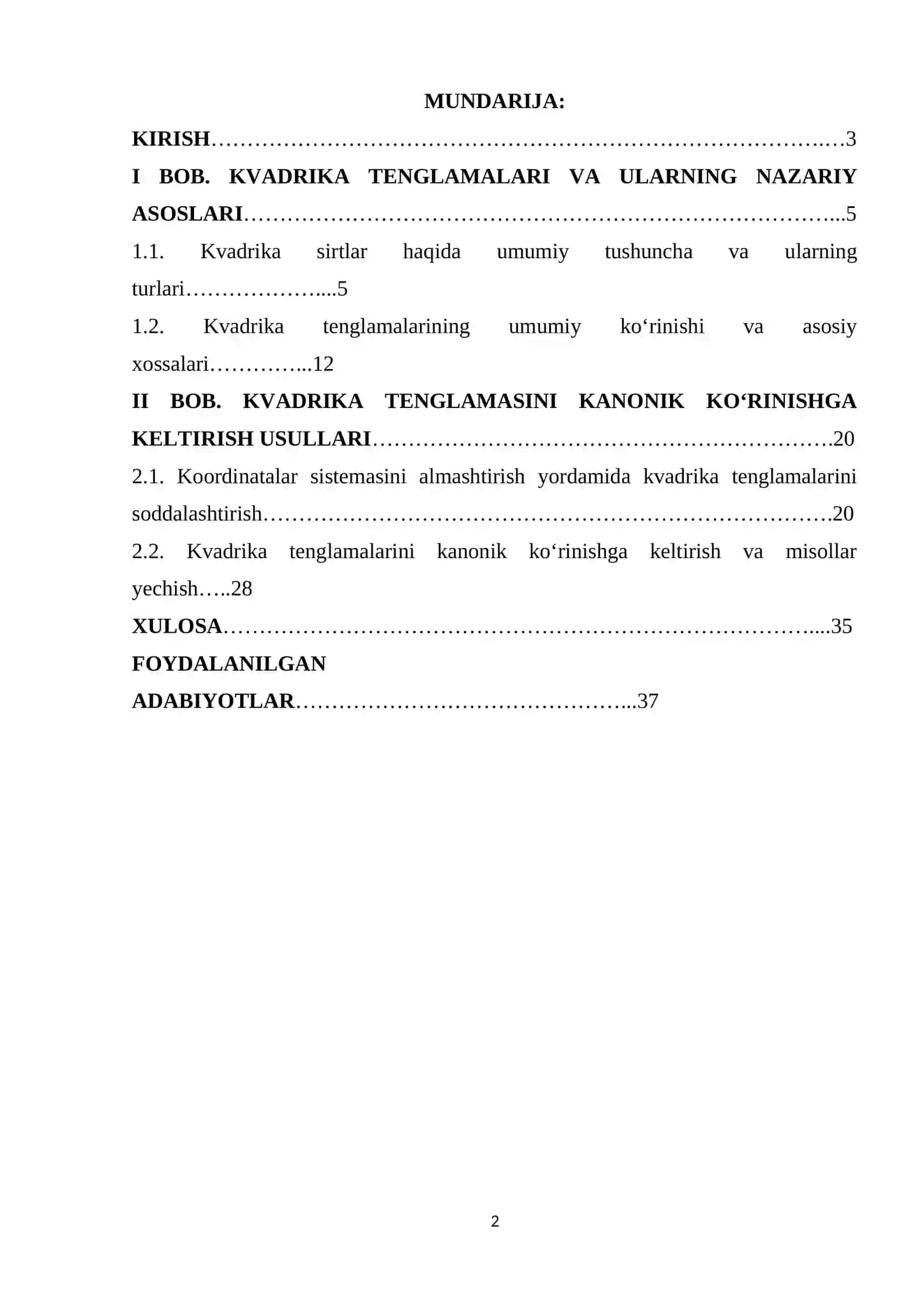 Kvadrika tenglamasini kanonik ko‘rinishga keltirish 2