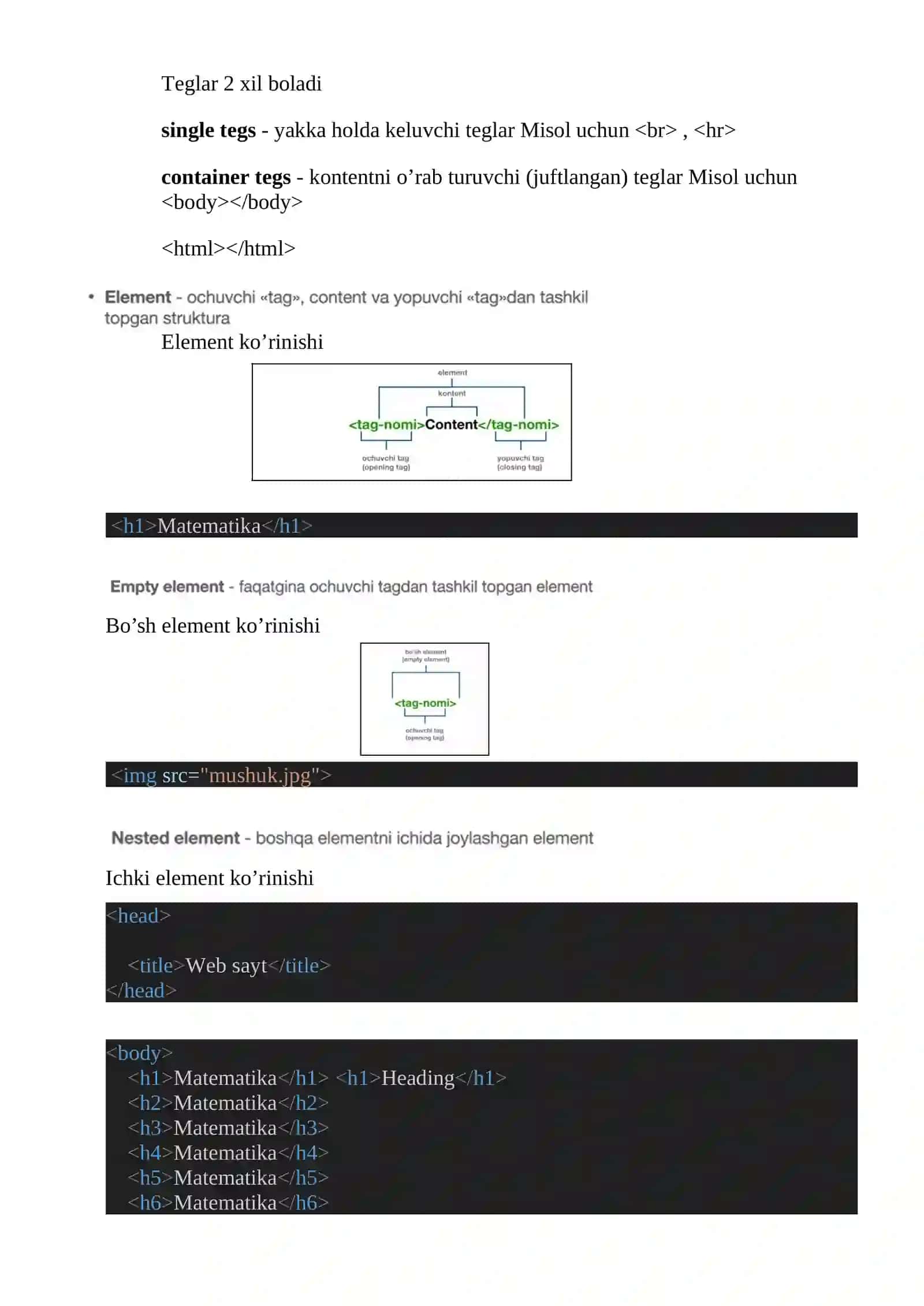 HTML tilida web sahifa yaratish. HTML tiliga kirish, uning asoisy elementlari. Teg tshunchasi 2