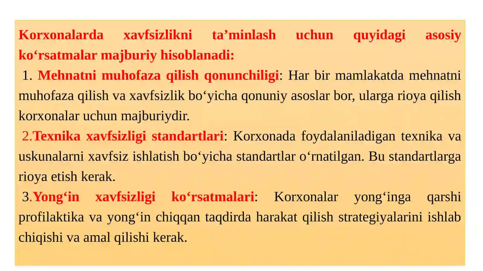 Korxonalarda xavfsizlikni ta’minlash uchun asosiy majburiy ko‘rsatmalar 2