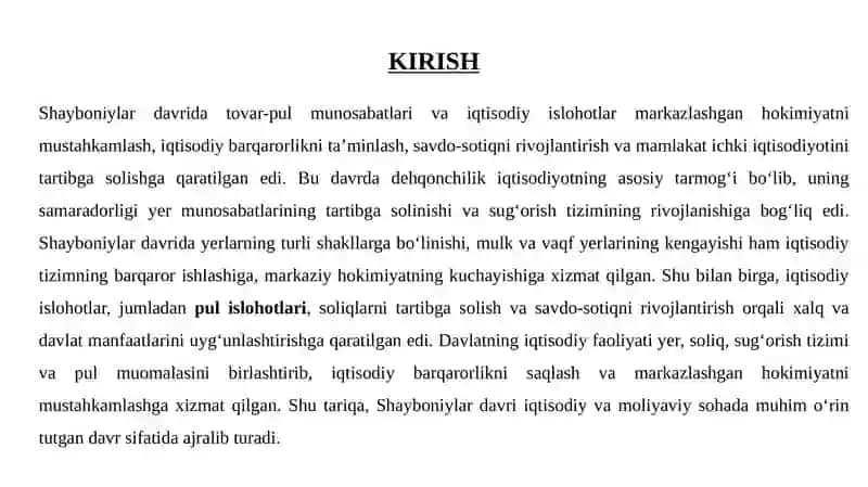 SHAYBONIYLAR DAVRIDA TAVAR-PUL MUNOSABATLARI VA ISLOHATLAR 2