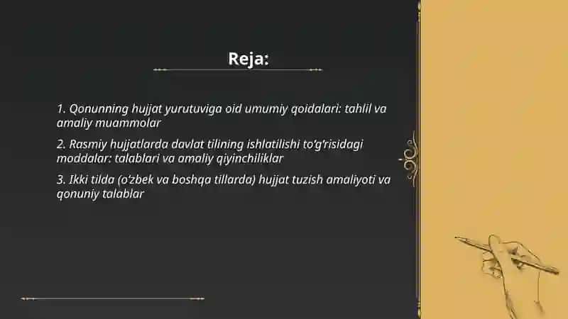 "Davlat tili haqida"gi qonunda hujjat yurutuviga oid moddalar tahlili,amaliyoti va muammolari 2