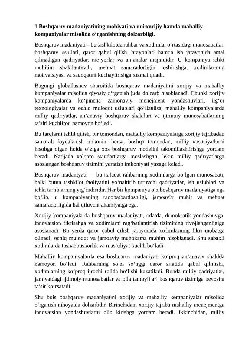 Boshqaruv Madaniyati Qiyoslash va Tahlil Qilish 2