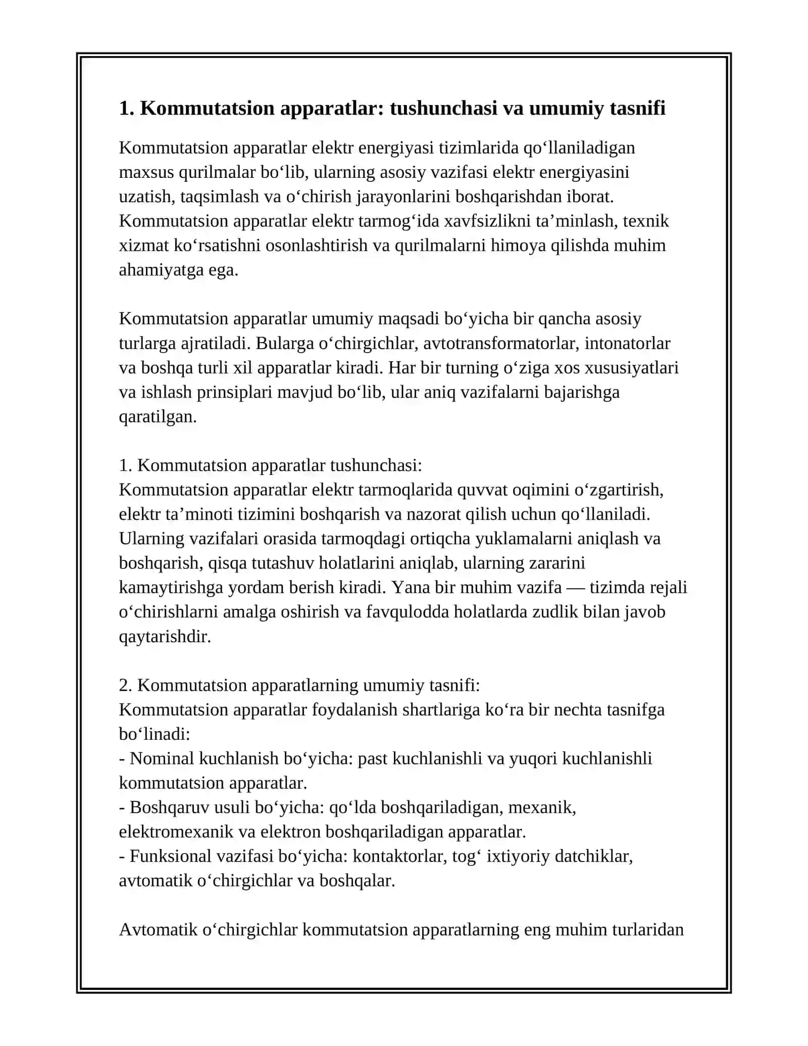 KOMMUTATSION APPARATLAR. AVTOMATIK OʻCHIRGICHLAR 2