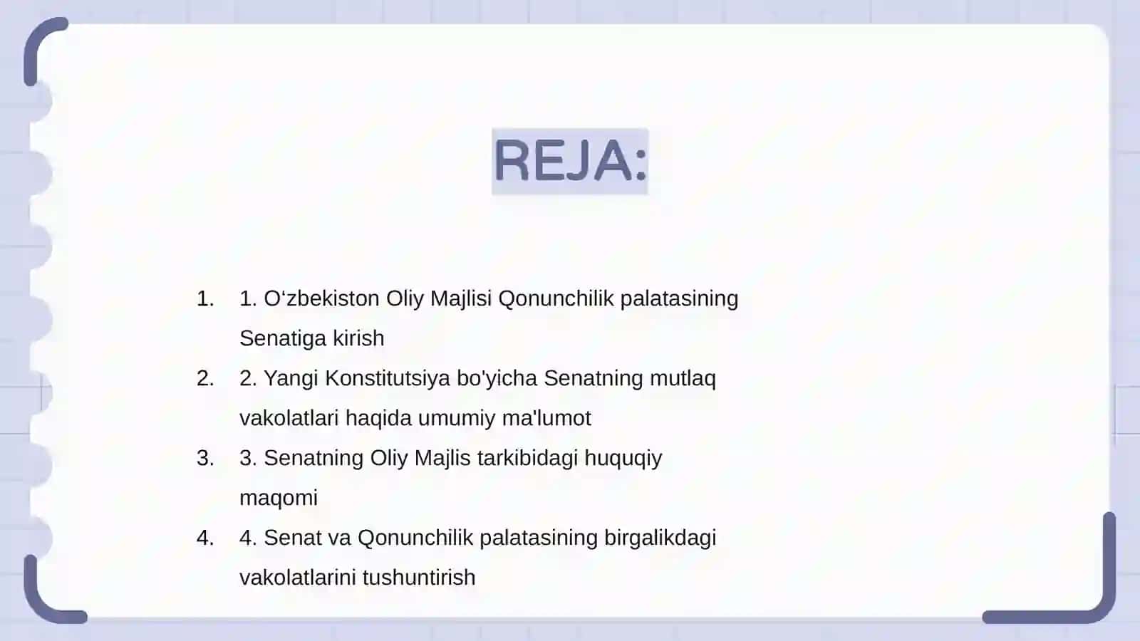 O'zbekiston Respublikasi Oliy majlis Qonunchilik palatasiining Senatning huquqiy maqomi va mutloq vakolatlarini hamda ularning birgalikdagi vakolatlarini yangi tahrirdagi O'zbekiston Respublikasi Konstitutsiyasi normalari asosida izohlang 2