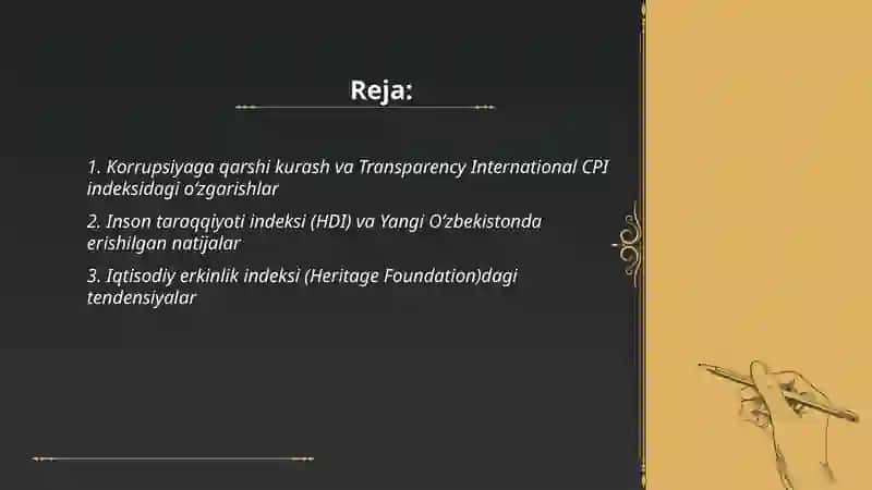 Yangi Oʻzbekiston ijtimoiy-siyosiy, iqtisodiy va madaniy hayotida roʻy berayotgan oʻzgarishlarning xalqaro reyting va indekslarda aks etishi 2