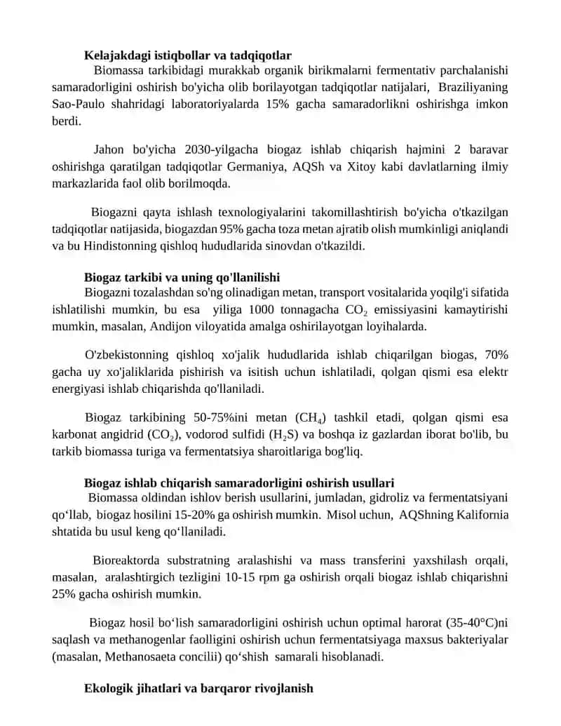 Biomassadan (Chiqindilardan) biogaz olish biotexnologiyasi 2