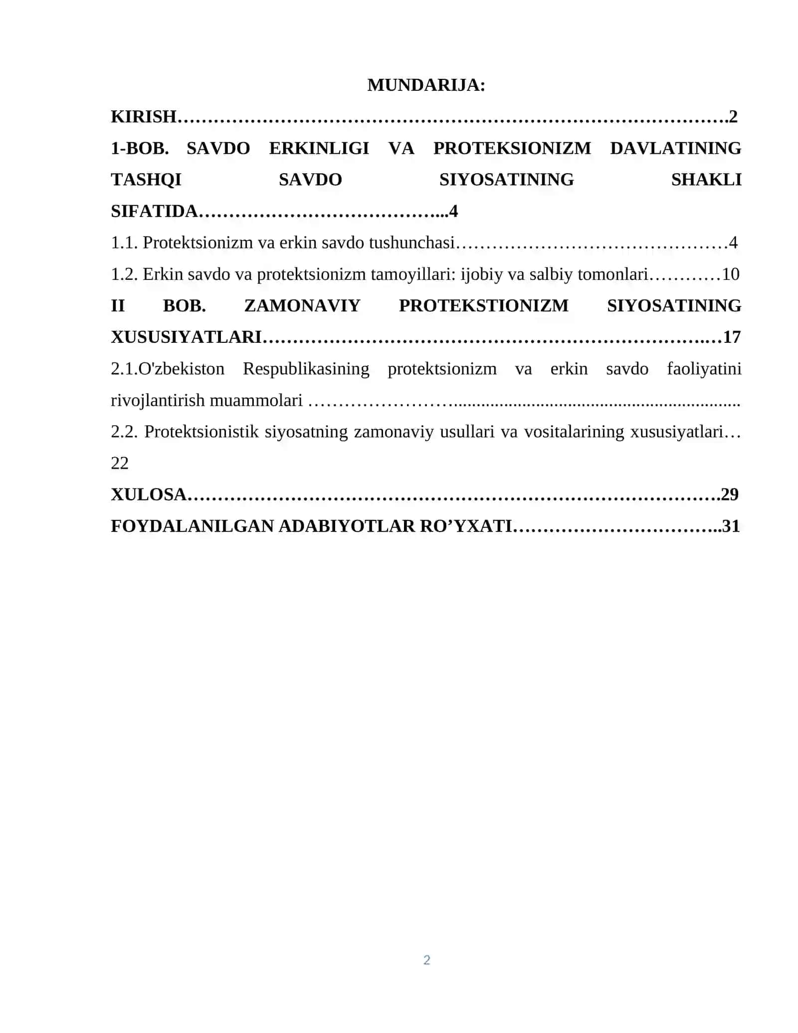 Erkin savdo va protektsionizm siyosati 2