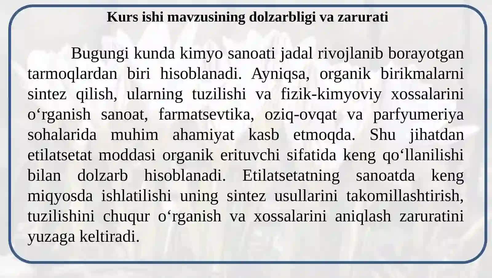 Etilatsetat sintezi uning tuzilishi va xossalari 2