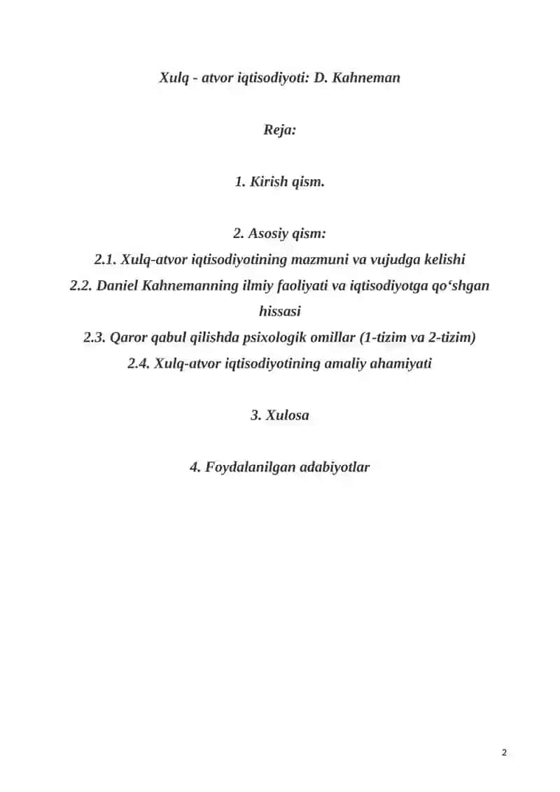 Xulq - atvor iqtisodiyoti: D. Kahneman 2