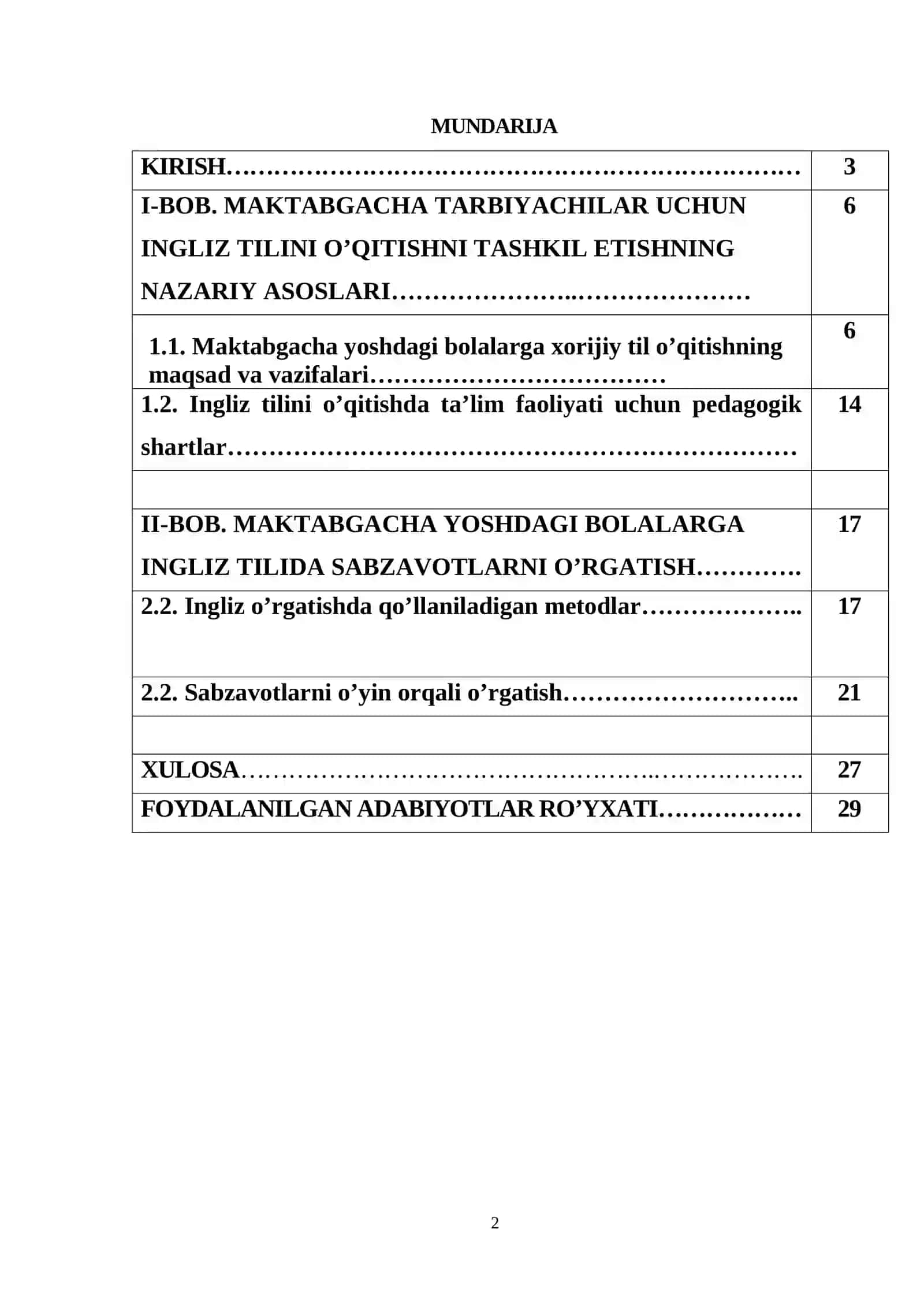 Ingliz tilida sabzavotlarni o’rgatish 2