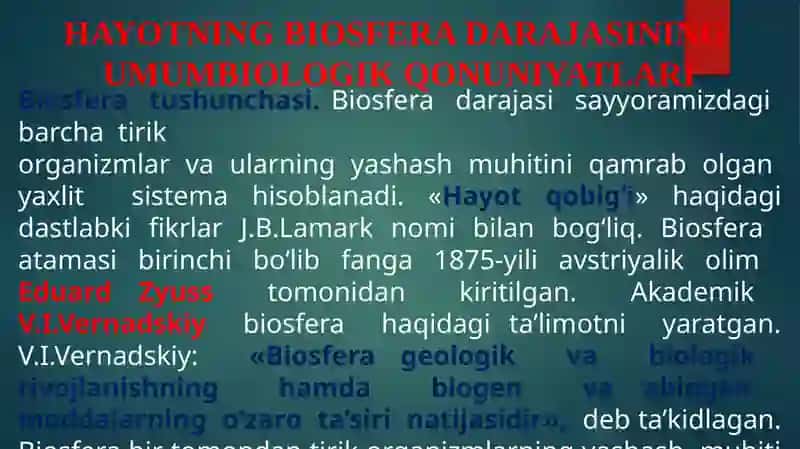 HAYOTNING BIOSFERA DARAJASINING UMUMBIOLOGIK QONUNIYATLARI 2