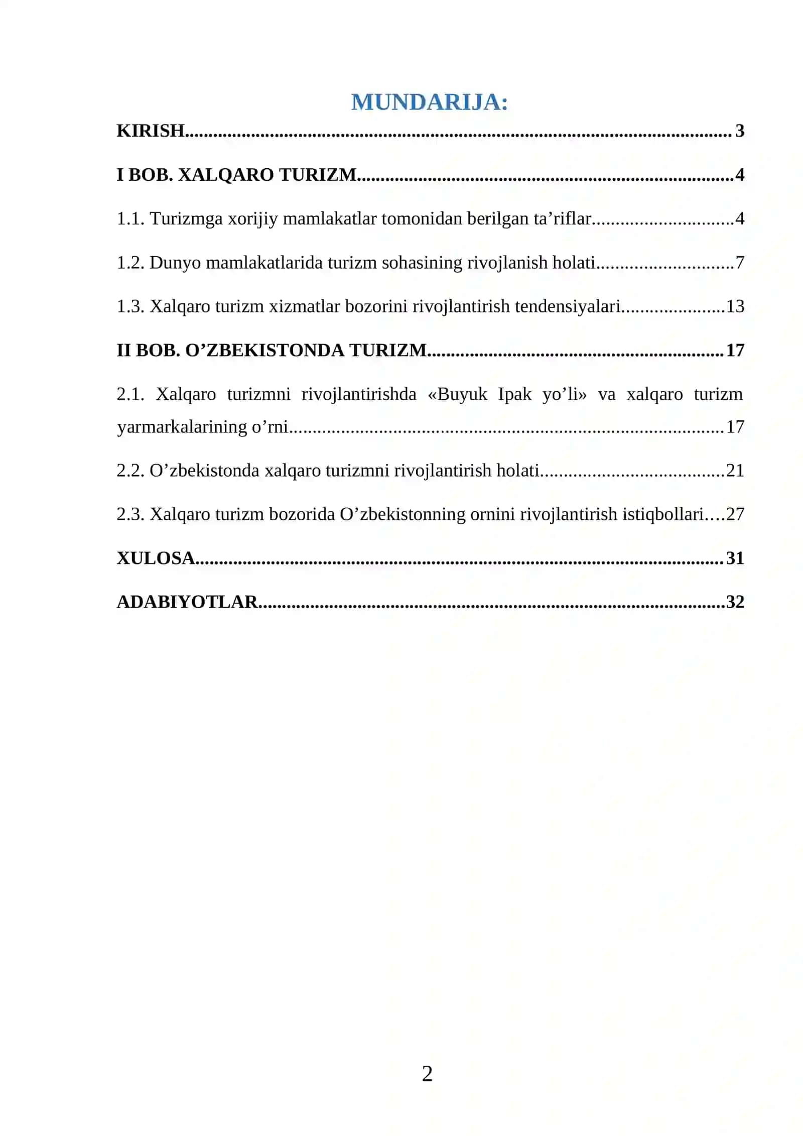 TURIZM NAZARIYA VA AMALIY FANIDAN KURS ISHI 2