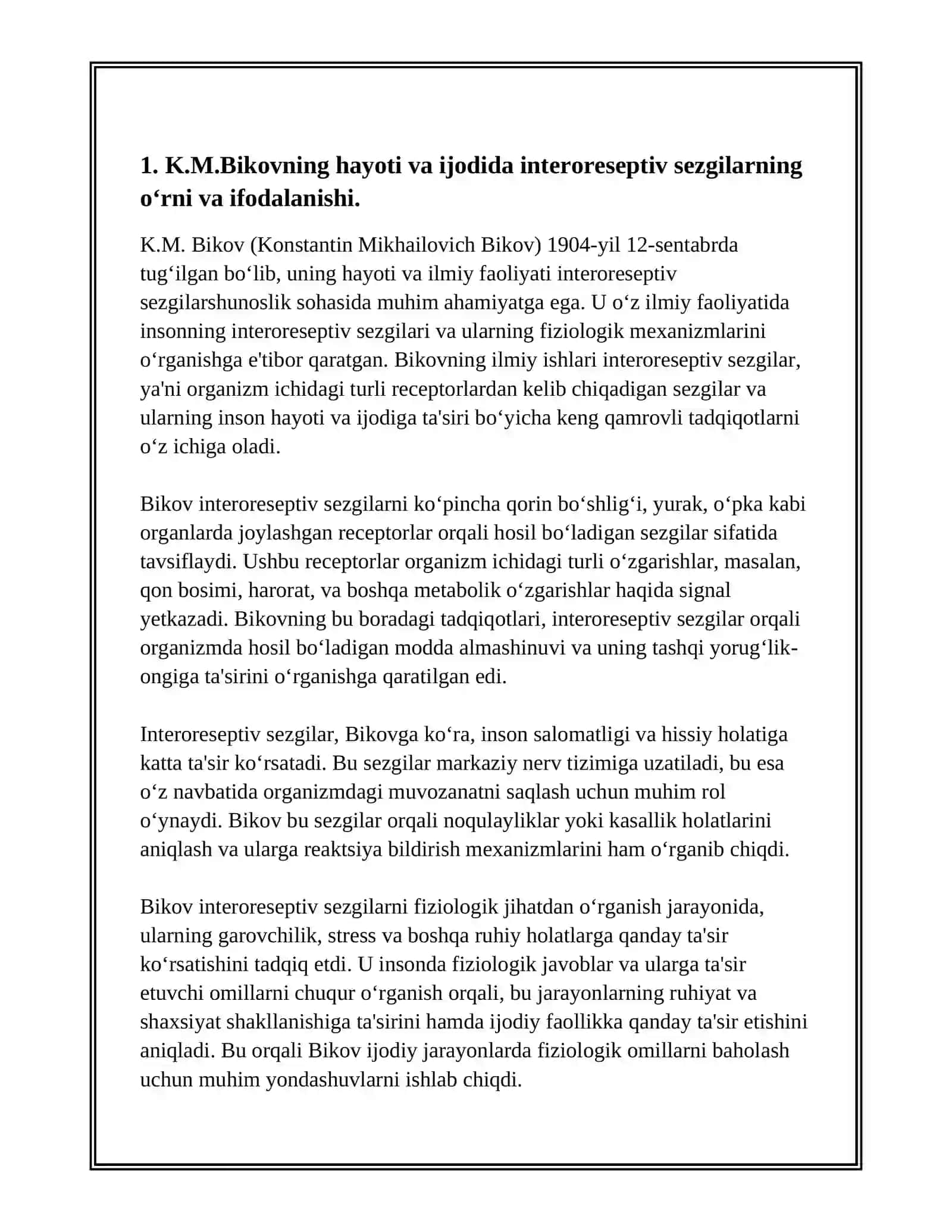 K.M.BIKOVNING HAYOTI VA IJODI HAMDA INTERORETSEPTIV SEZGILARNING FIZIOLOGIK MEXANIZMLARI BO'YICHA TADQIQOTLARI 2