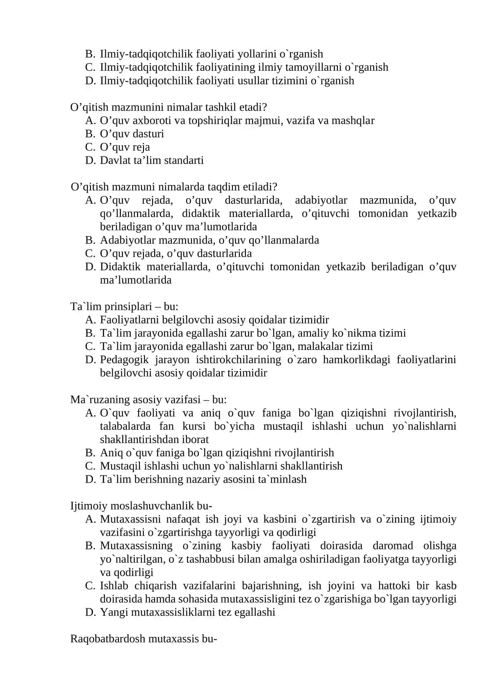 Ta'lim nazariyasi va metodologiyasi asoslari testlar 2