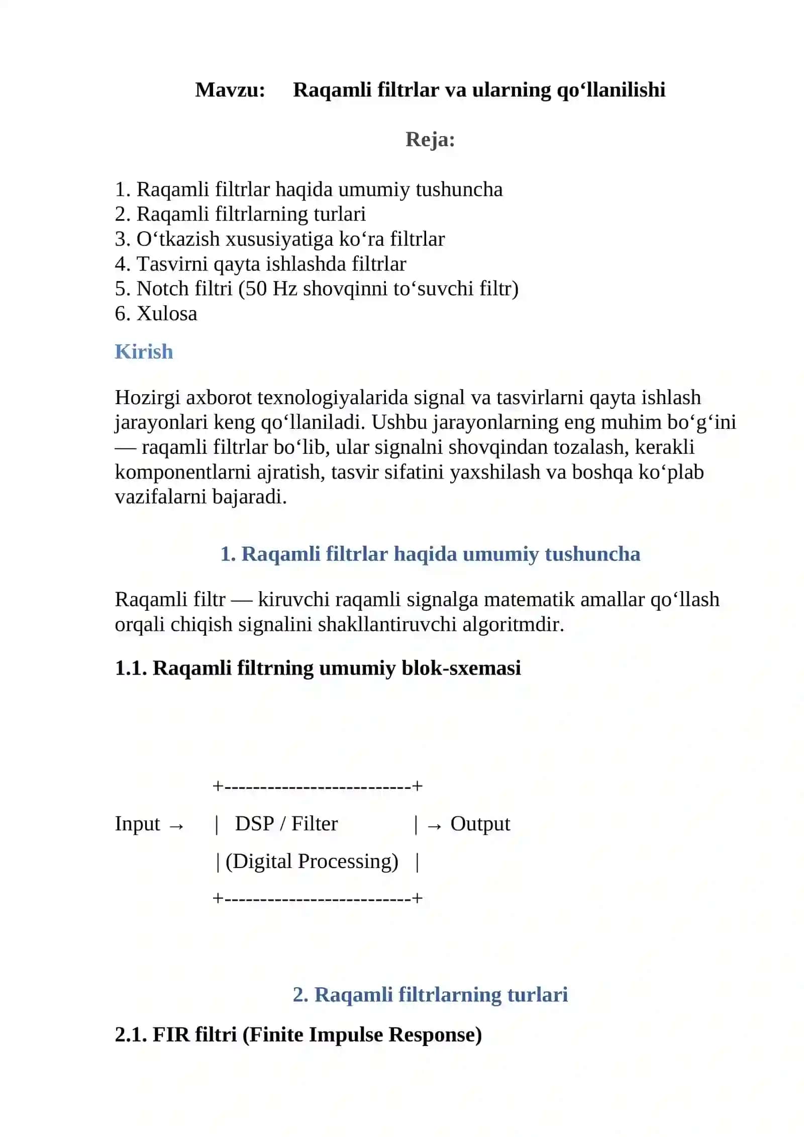 Raqamli filtrlar va ularning qo‘llanilishi 2