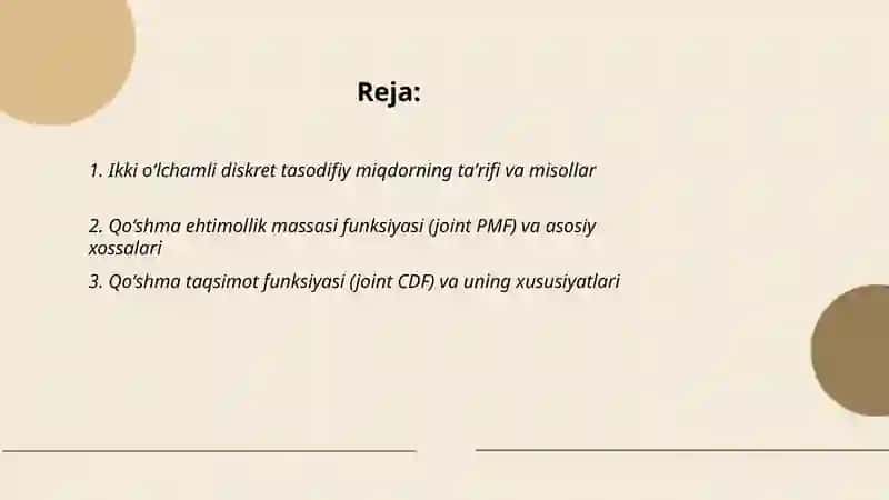Ikki oʻlchamli diskret tasodifiy miqdor va uning taqsimot qonuni 2