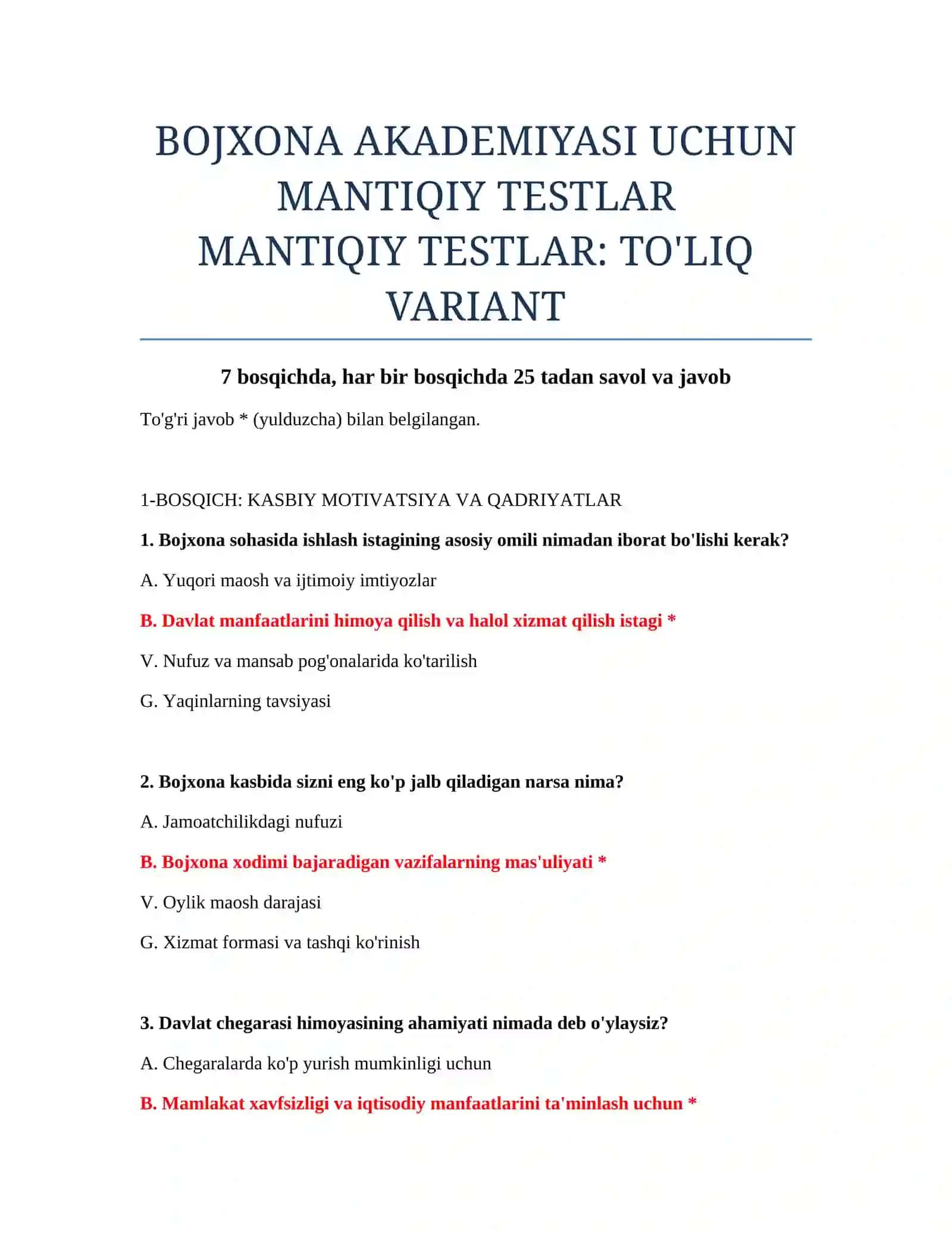 BOJXONA AKADEMIYASI UCHUN MANTIQIY TESTLAR 2