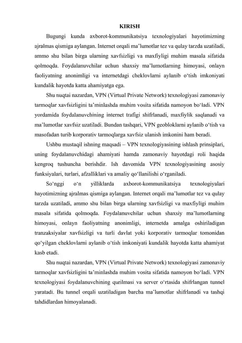 VPN TEXNOLOGIYASI ISHLASH PRINSIPI VA FOYDALANUVDAGI AHAMIYATI 2