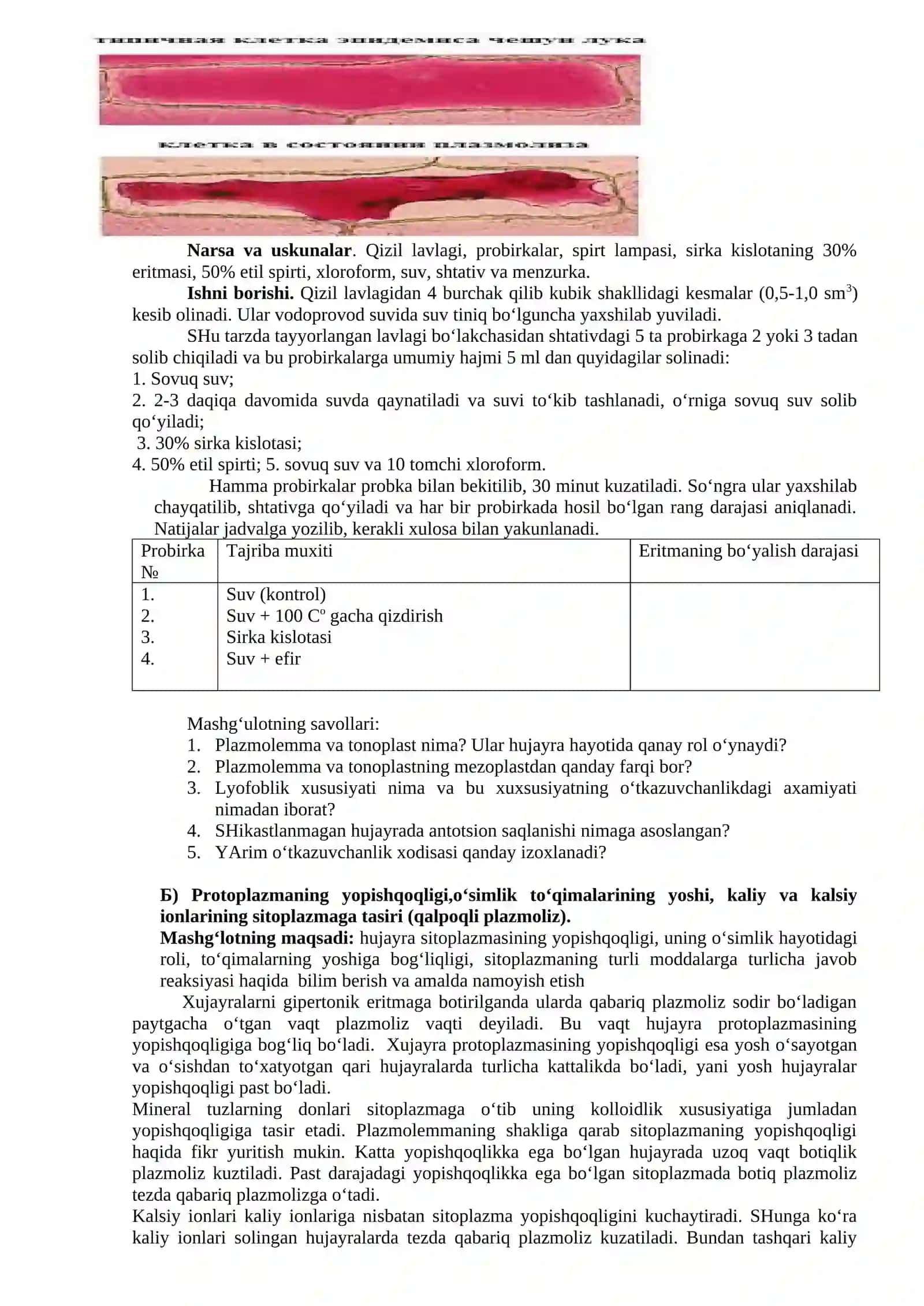 Protoplazmaning K<span style=font-family:Symbol>+</span> va Ca<span style=font-family:Symbol>+</span><span style=font-family:Symbol>+</span> ionlari uchun o‘tkazuvchanligi (qalpoqli plazmoliz) 2