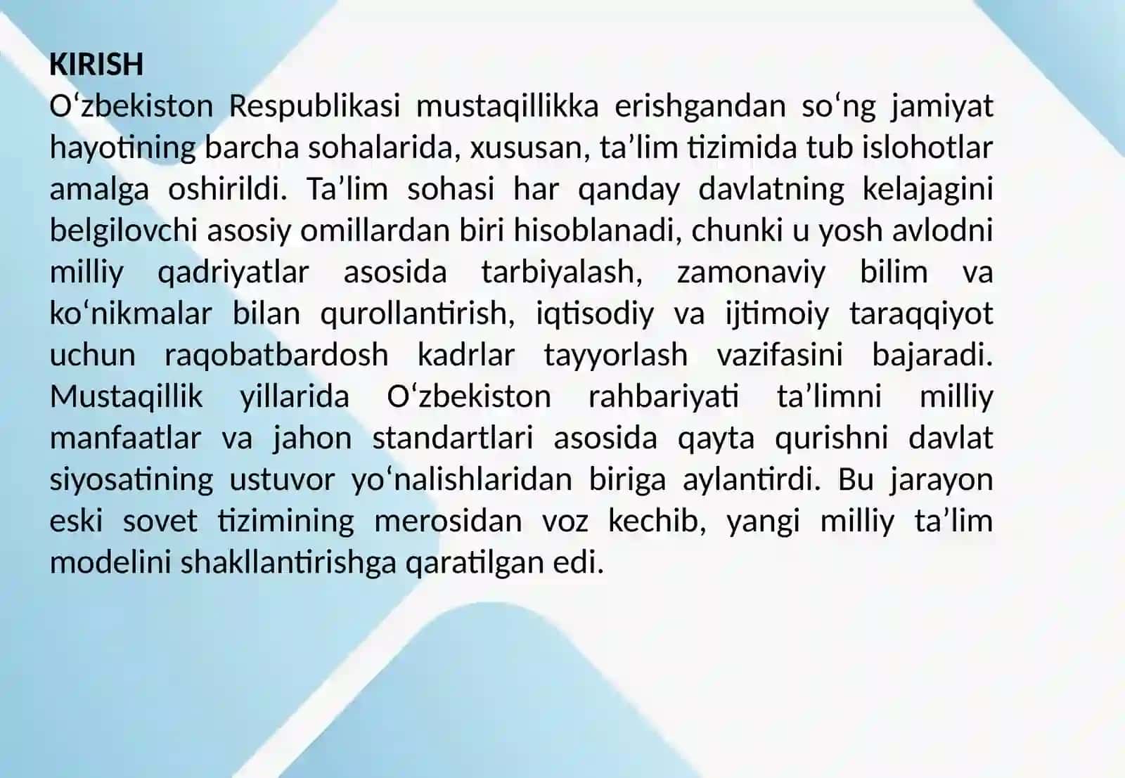 Oʻzbekiston Respublikasida ta’lim sohasida amalga oshirilgan islohotlar 2