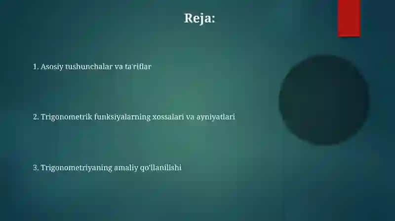 α va - α Burchaklarning sinusi, kosinusi, tangensi va kotangensi 2