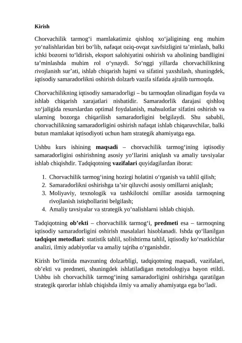 CHORVACHILIK TARMOG‘INING IQTISODIY SAMARADORLIGINI OSHIRISH 2