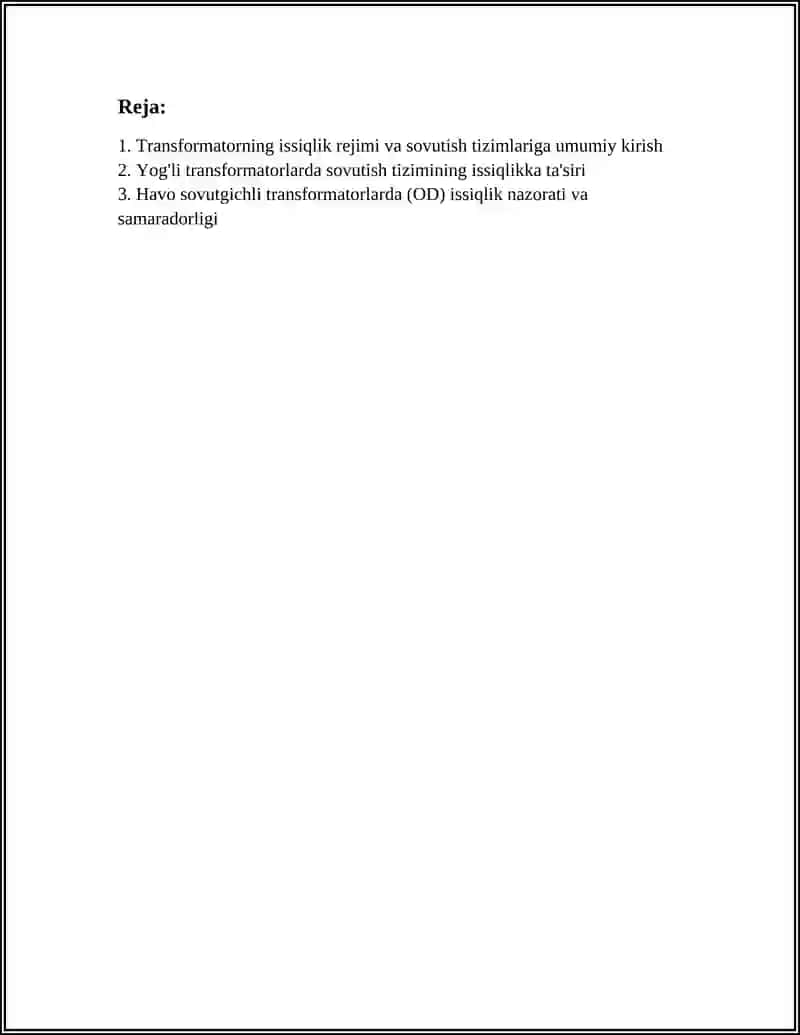 TRANSFORMATOMING ISSIQLIK REJIMINI SOVUTISH TIZIMIGA BOG'LIQLIGI MAVZUSIGA 15VAROQLI REFERAT 2