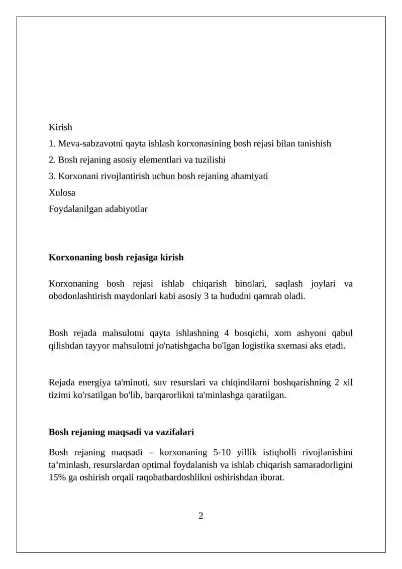 Meva sabzavotlarni qayta ishlash korxonasining bosh plani bilan tanishish 2