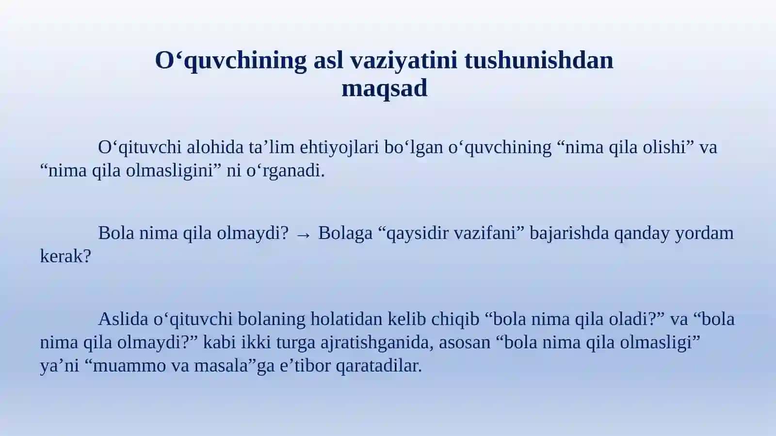 Alohidata’limga ehtiyoj bo‘lgan o‘quvchilarning asl holatini aniqlash: Psixologik test 2