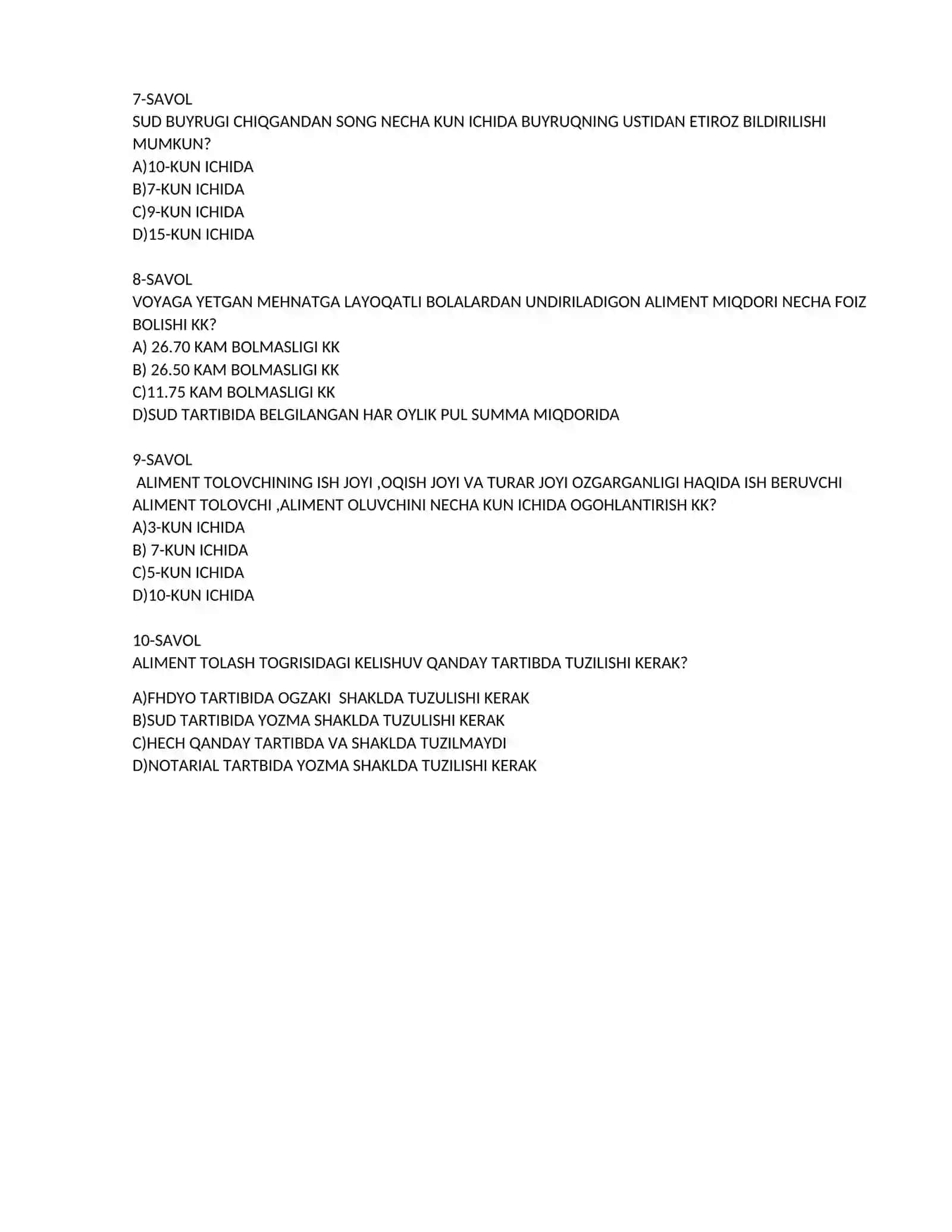 SAIDJAXONOV KOZIMNING OILA HUQUQIT FANIDAN TAYORLAGAN TEST TOPSHIRIGI 2