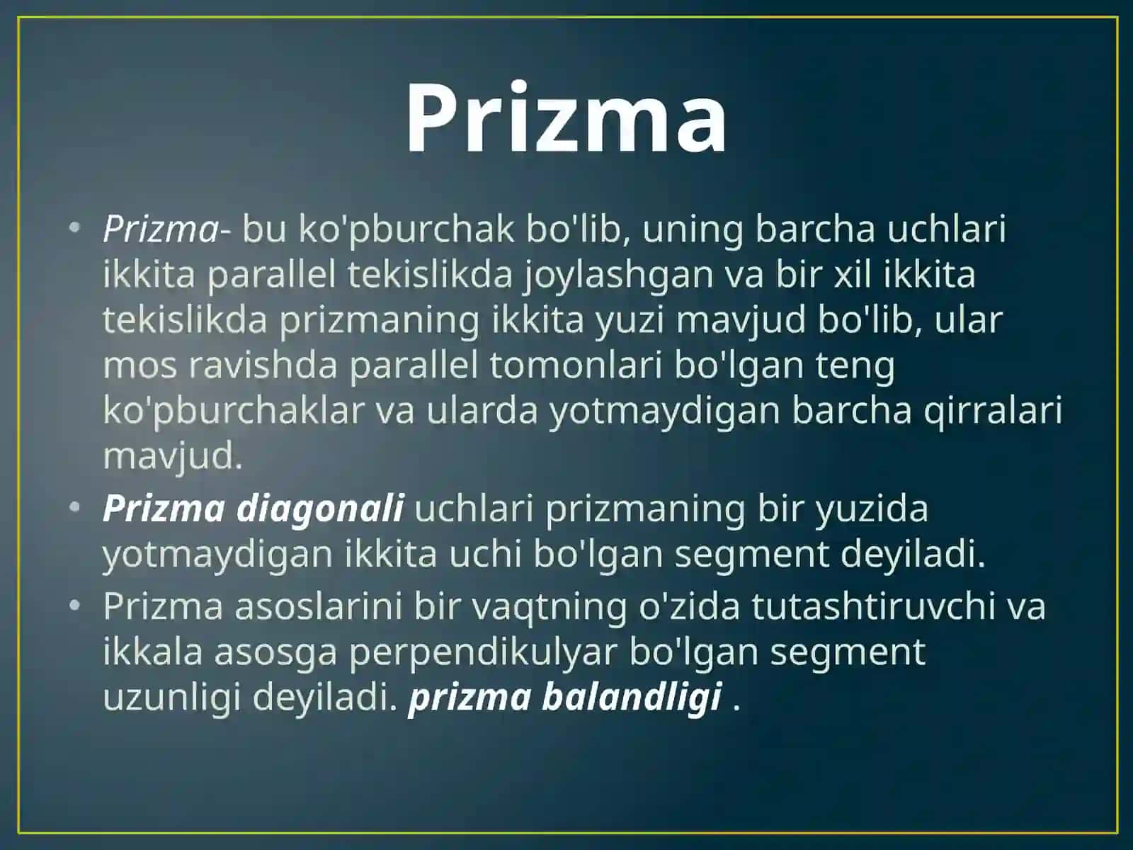 Prizma, to'g'ri burchakli parallelopiped, piramida. Aylanma jismlar. Silindr, konus, sfera 2