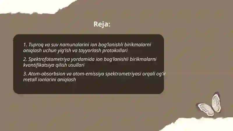 Tuproq va suvdagi ion bogʻlanishli birikmalarni aniqlab ulardan tozalash usulini ishlab chiqarish 2