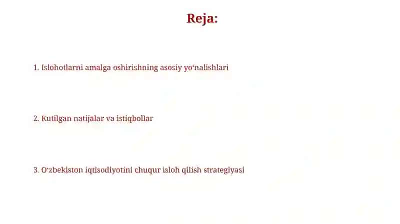 Oʻzbekiston iqtisodiyotida islohotlarni chuqurlashtirish buyicha rivojlanish strategiyasi 2