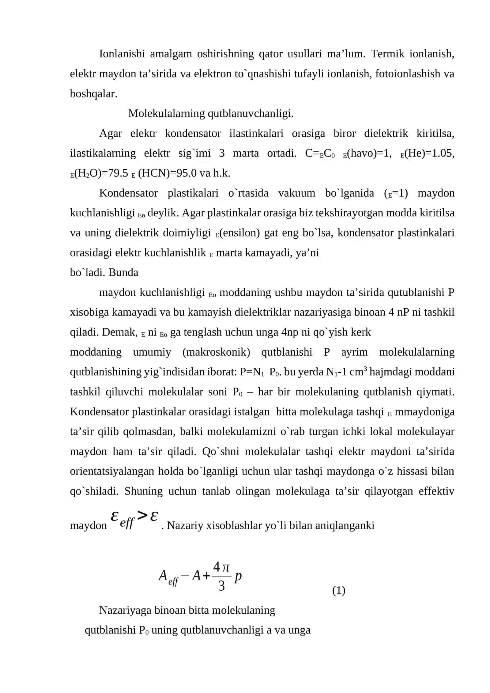 Dielektriklar va molekulalarning elektrik xususiyatlari 2