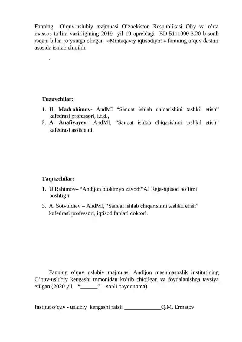 MINTAQAVIY IQTISODIYOT FANIDAN O’QUV USLUBIY MAJMUA 2