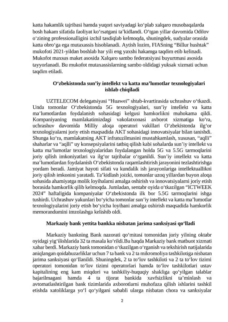 Oʻzbekiston Respublikasidagi iqtisodiy, Ijtimoiy-siyosiy voqealarga doir MAʼLUMOTLAR 2