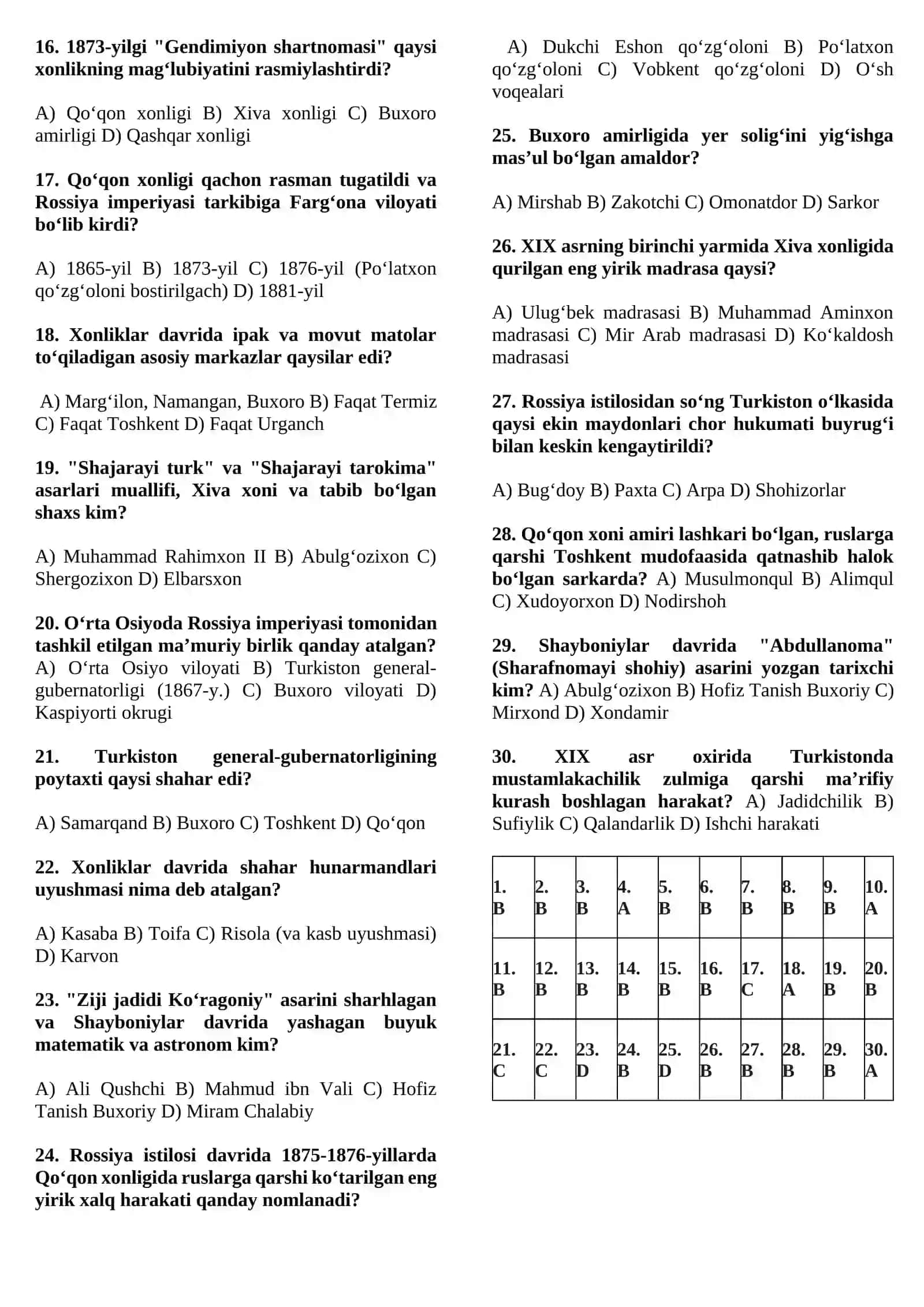 Xonliklar Davri va Rossiya Istilosi (30 talik Blok Test) 2