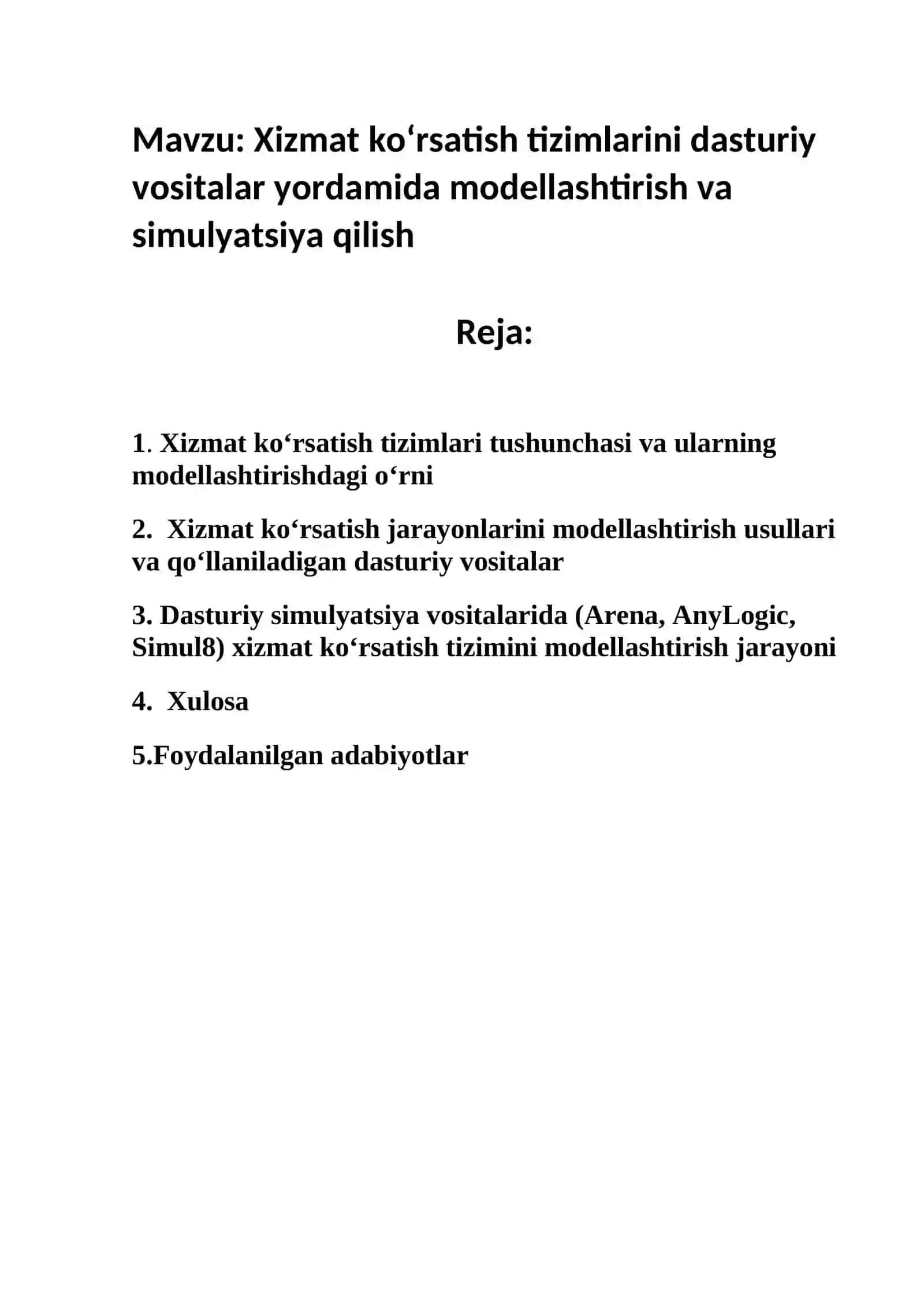 Xizmat ko‘rsatish tizimlarini dasturiy vositalar yordamida modellashtirish va simulyatsiya qilish 2