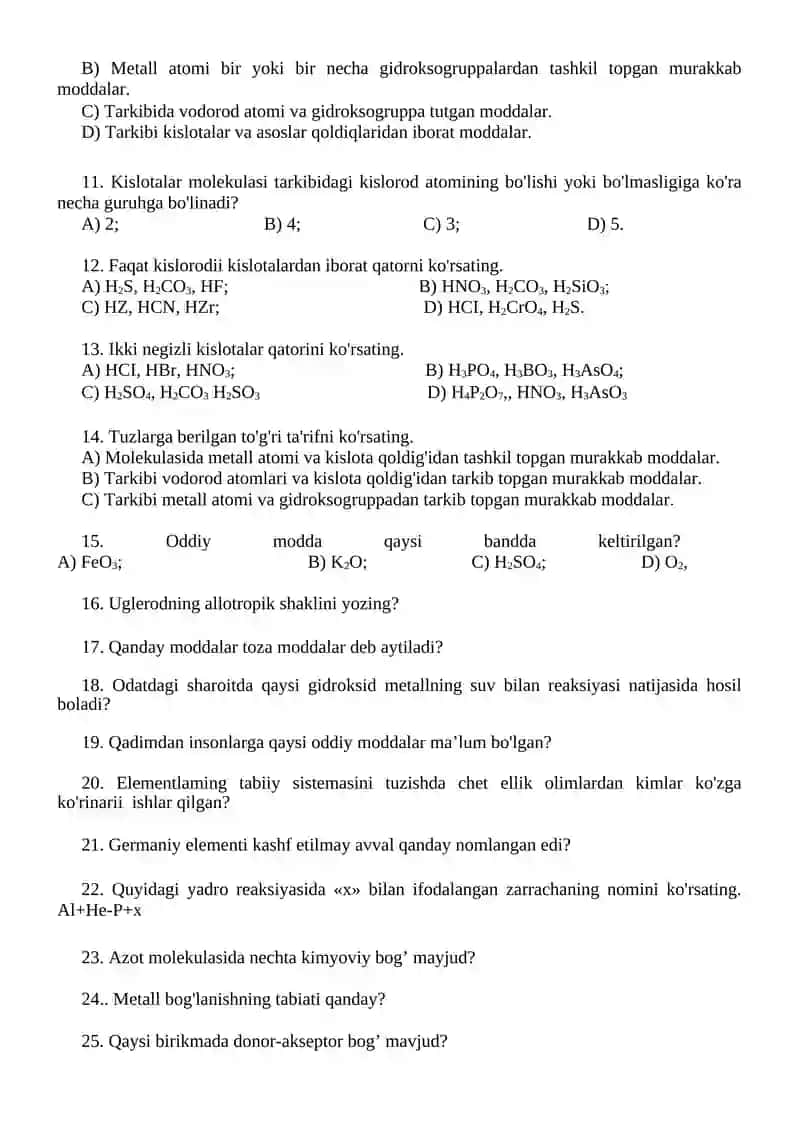 8-sinf Kimyo Chorak Test Sinovlari 2
