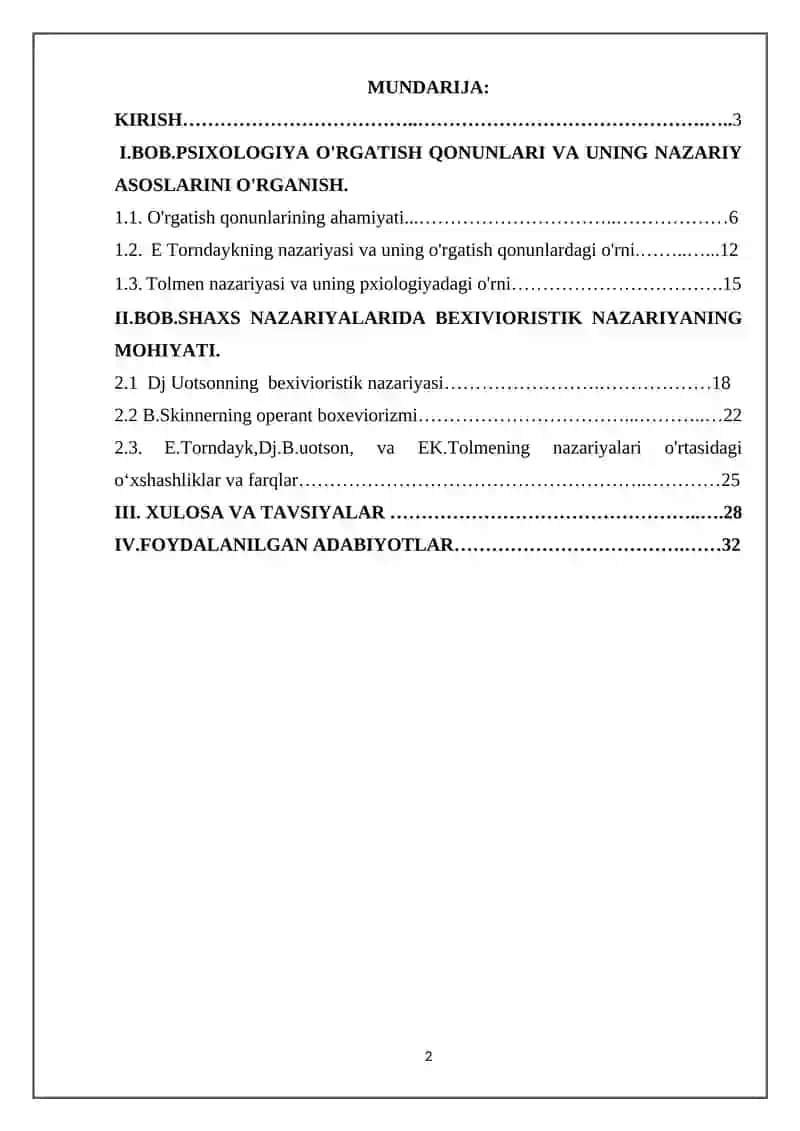 O’RGATISH QONUNI. E.TORNDAYK DJ.B.UOTSON VA  EK TOLMENING INSONGA NAZARIY QARASHLAR NAZARIYASI. 2