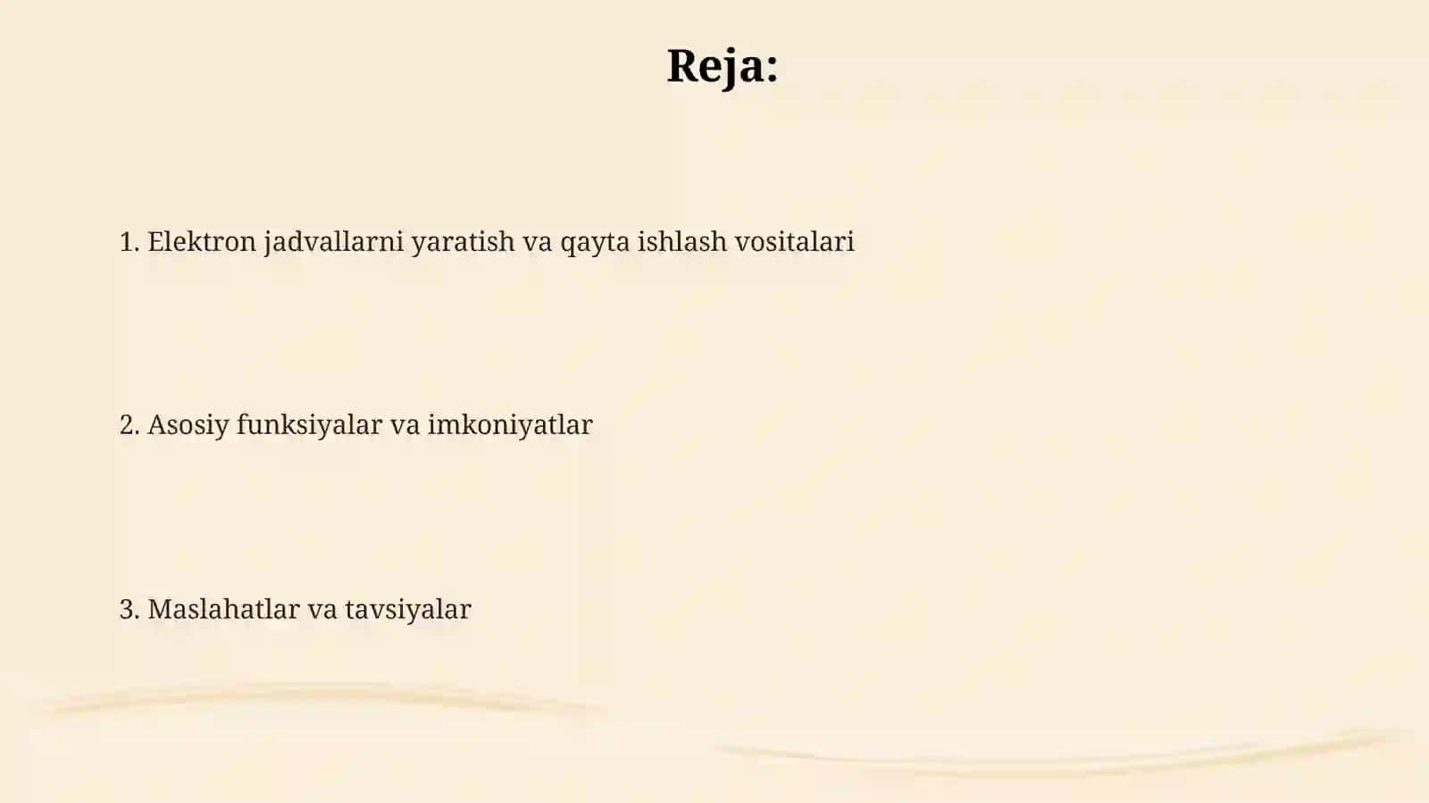 Elektron jadval hujjatlarini yaratish va qayta ishlash vositalari 2
