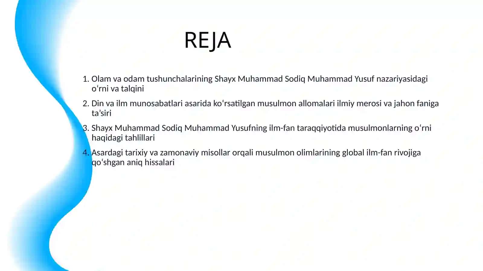 SHAYX MUHAMMAD SODIQ MUHAMMAD YUSUFNING “OLAM VA ODAM, DIN VA ILM” ASARIDA MUSULMON ALLOMALARINING JAHON ILM-FANI RIVOJIGA QO‘SHGAN HISSASI” MAVZUSIDA TAQDIMOT 2